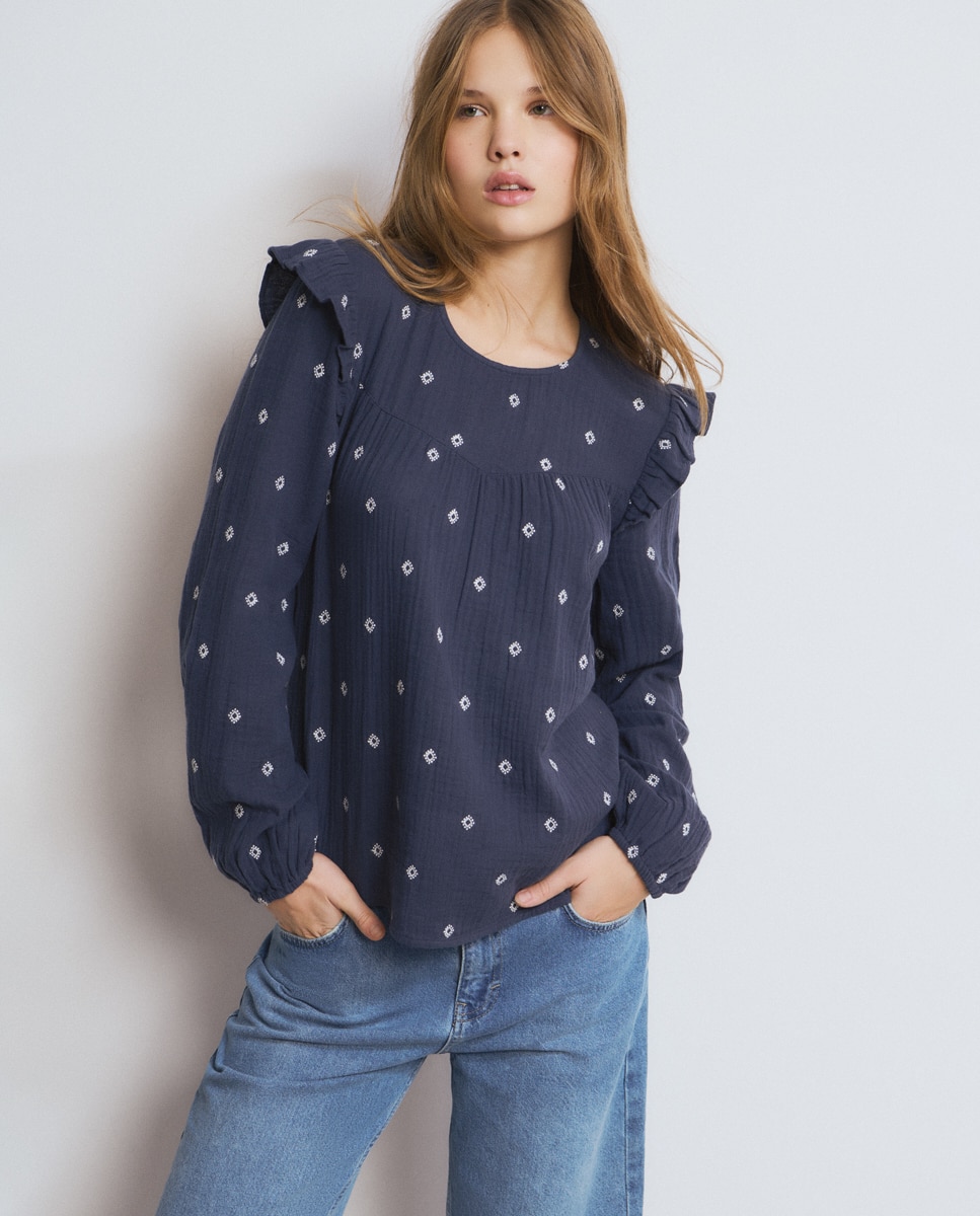 Blusa com Bordados Azul / Branco-1