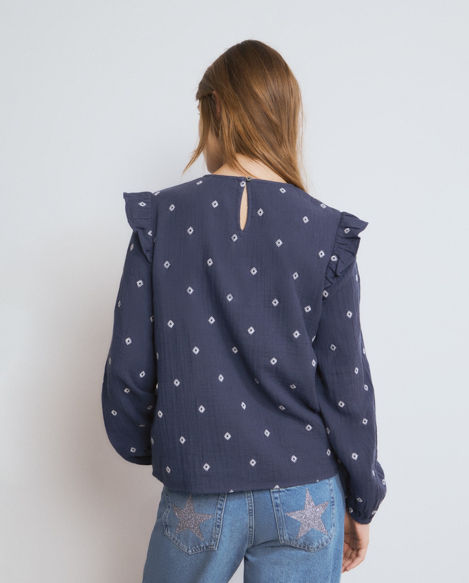 Blusa com Bordados Azul / Branco-2