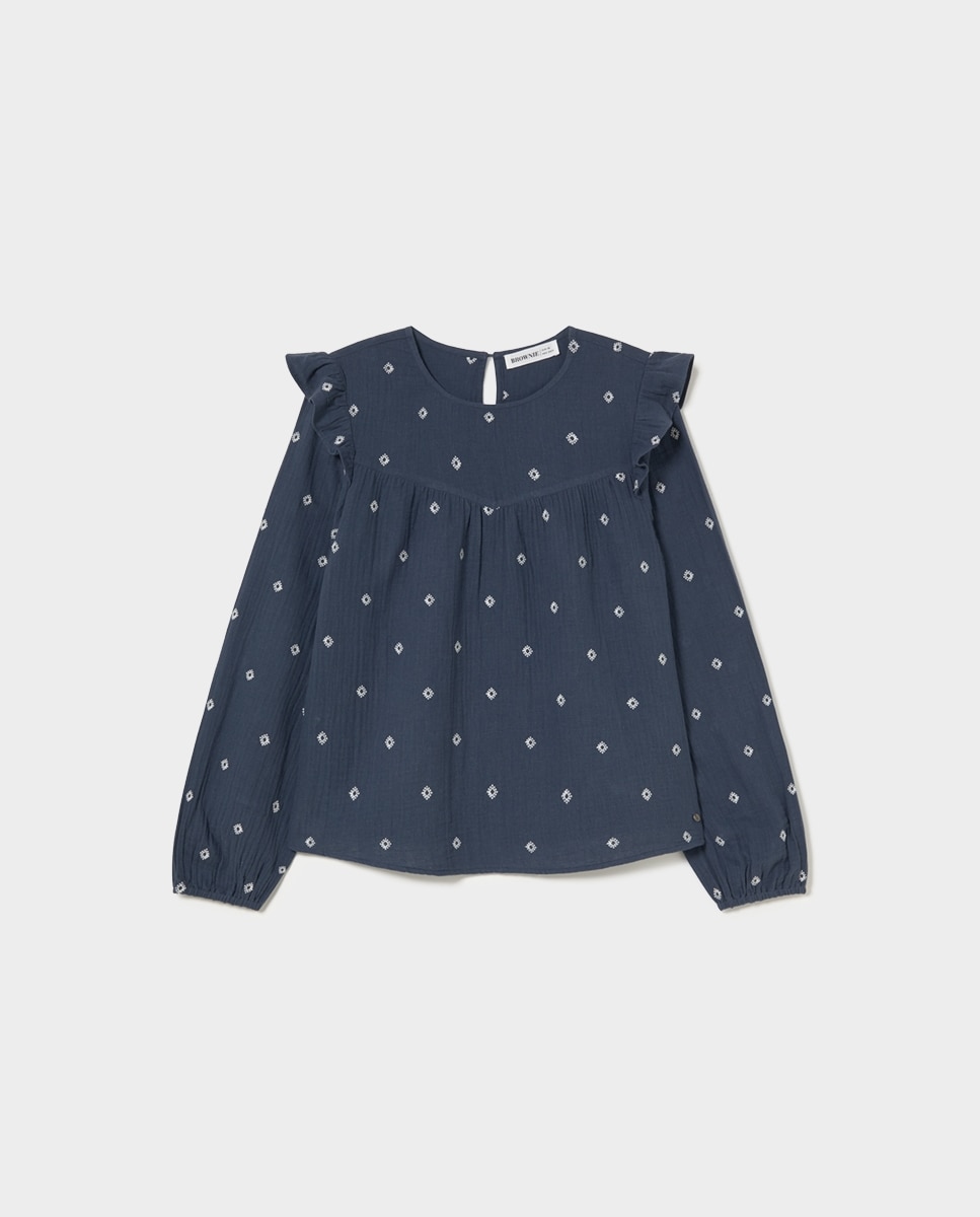 Blusa com Bordados Azul / Branco-5