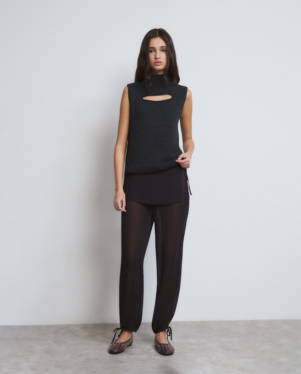 Calças Retas com Pareo Cinzento-escuro-1