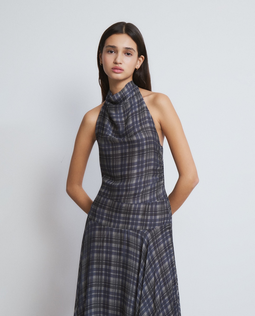 Vestido Comprido Estampado Drapeado Marinho-3