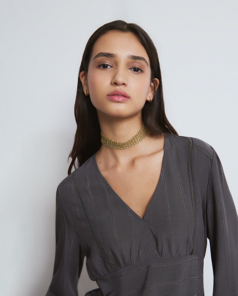 Blusa com Folhos Cinzento-escuro-4