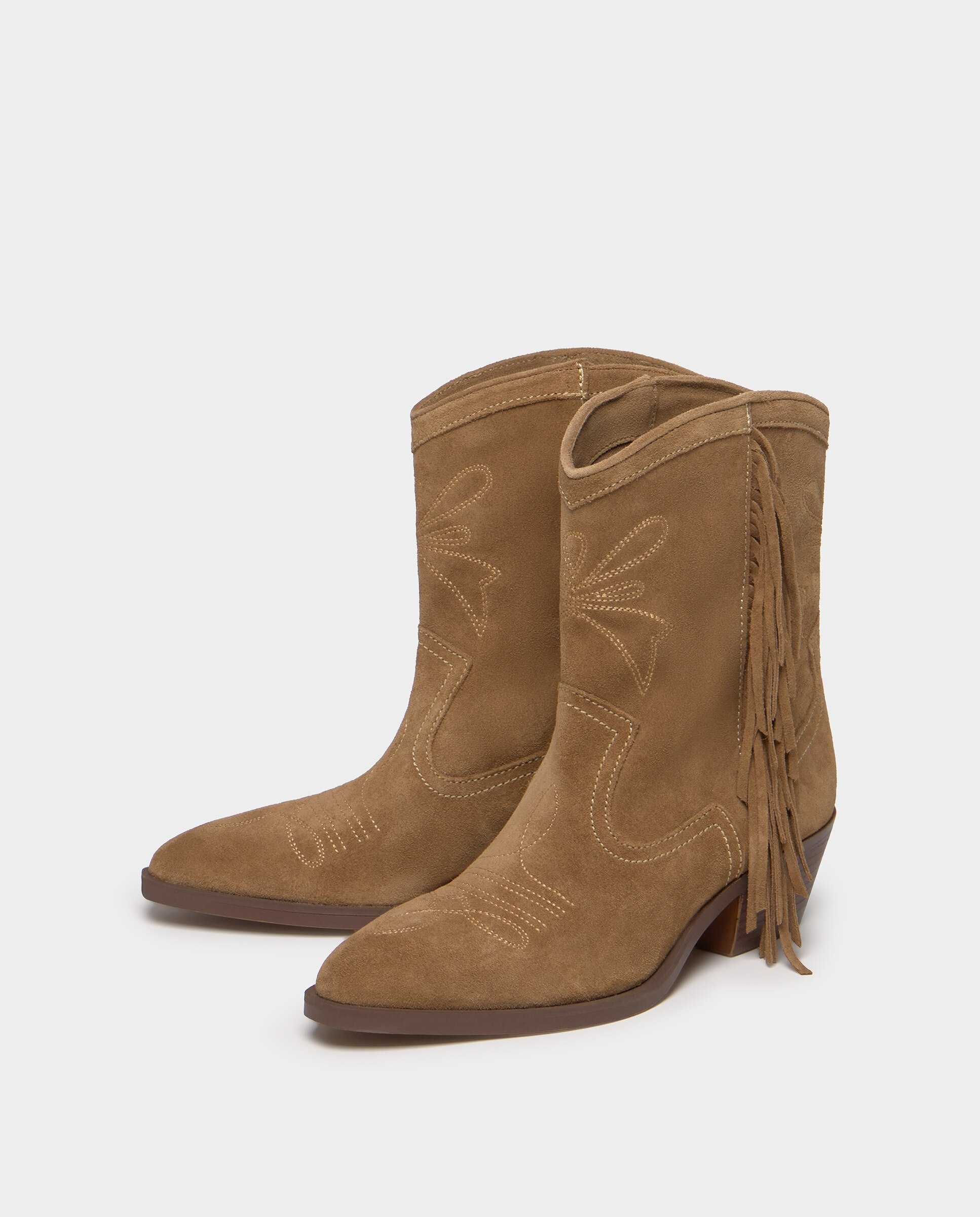 Botins Cowboy de Pele com Franjas Areia-4