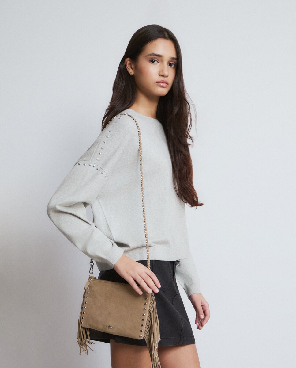 Mala de Ombro com Franjas e Tachas Castanho-claro-2