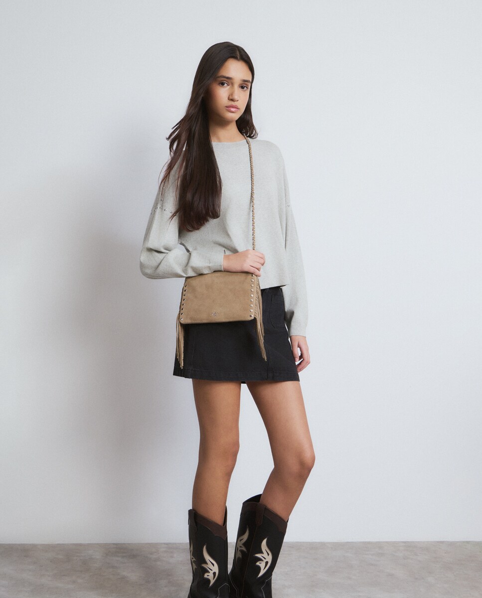 Mala de Ombro com Franjas e Tachas Castanho-claro-3