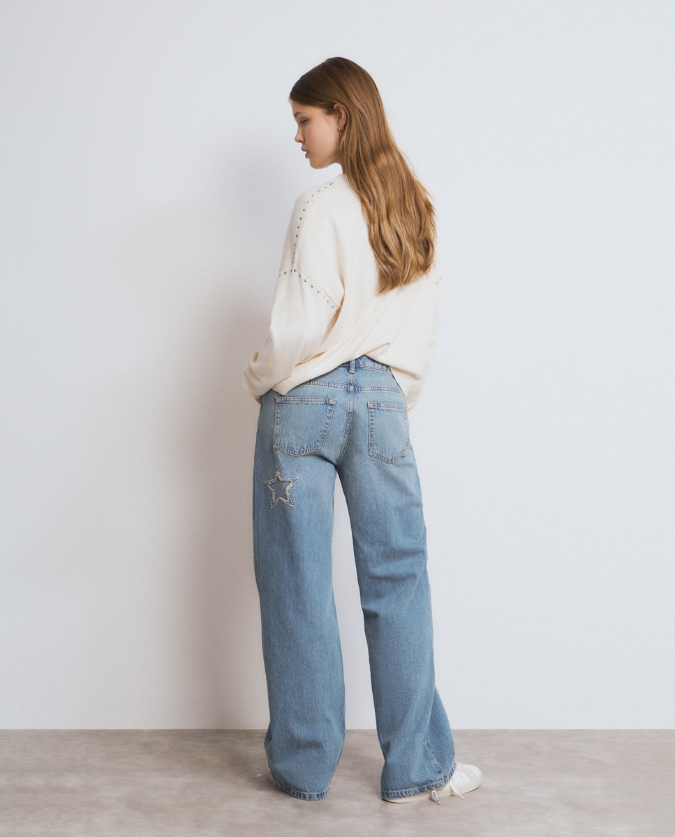 Jeans com Corte a Direito com Estrelas Azul denim-2