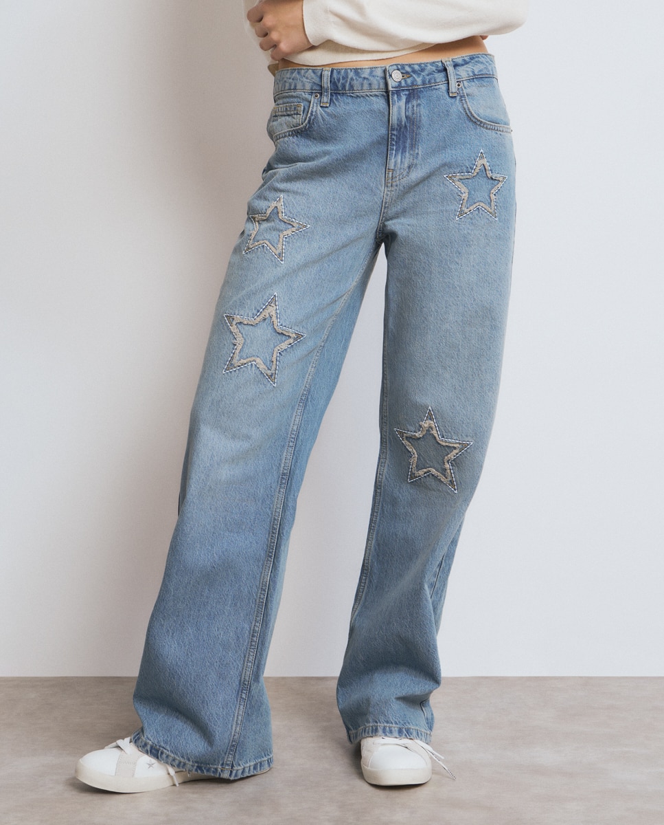 Jeans com Corte a Direito com Estrelas Azul denim-3