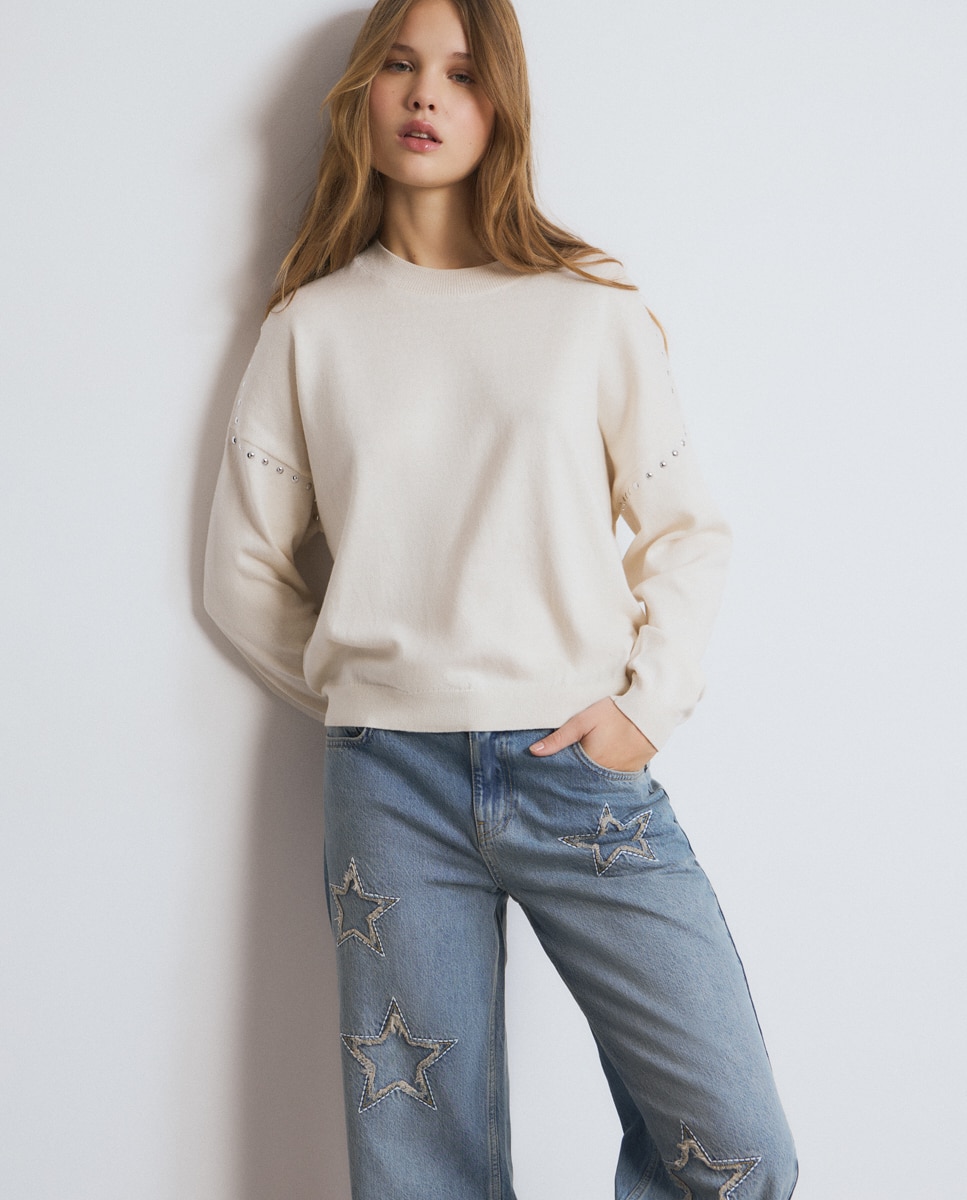 Jeans com Corte a Direito com Estrelas Azul denim-4