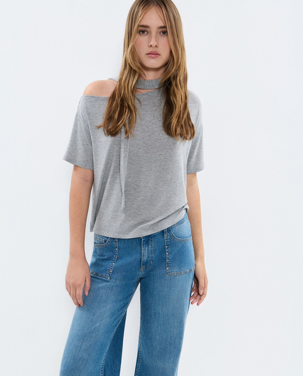 Jeans com Corte a Direito com Tachas Azul-3