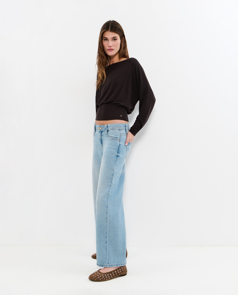Jeans Largo com Cintura Larga Azul-claro-3