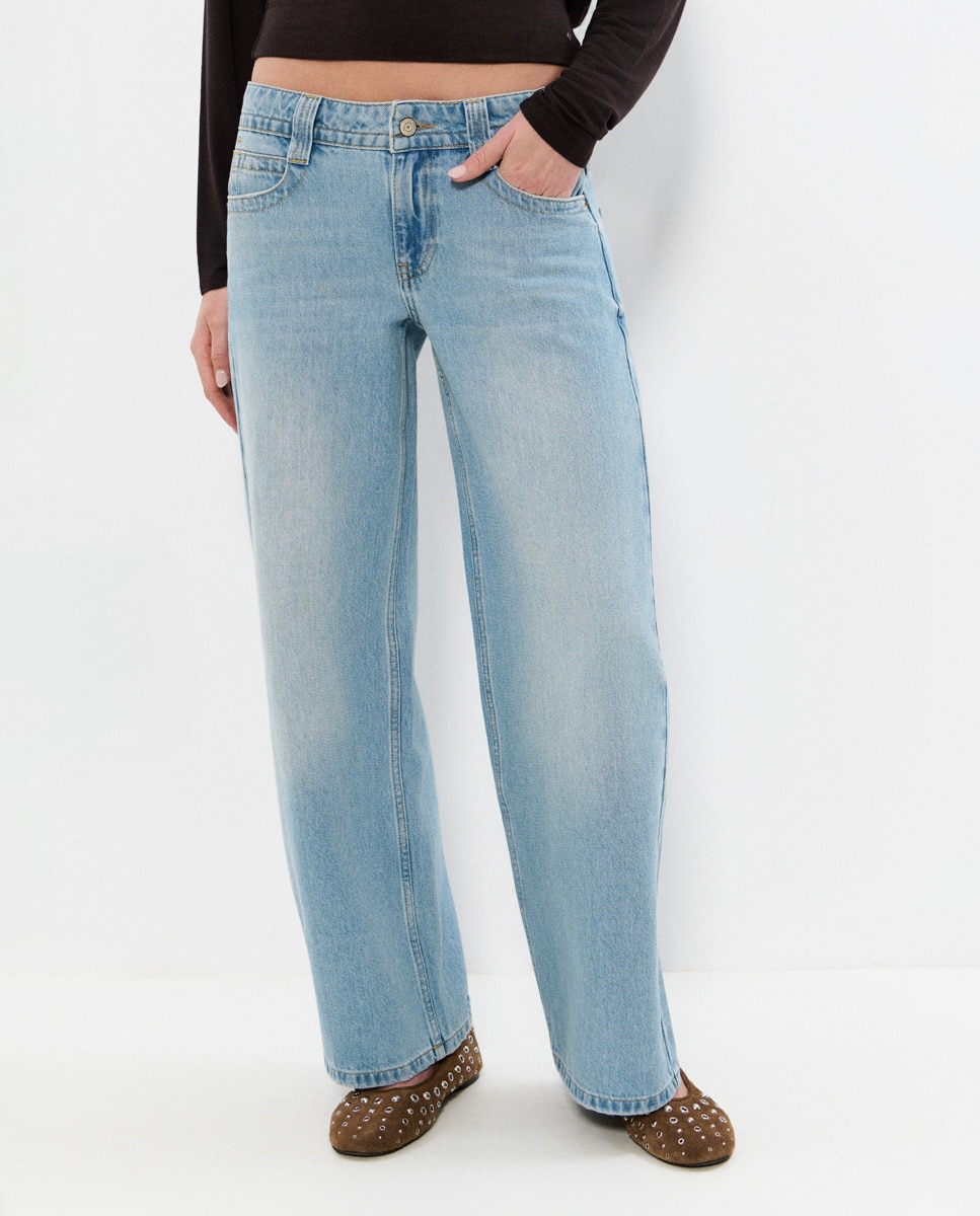 Jeans Largo com Cintura Larga Azul-claro-4