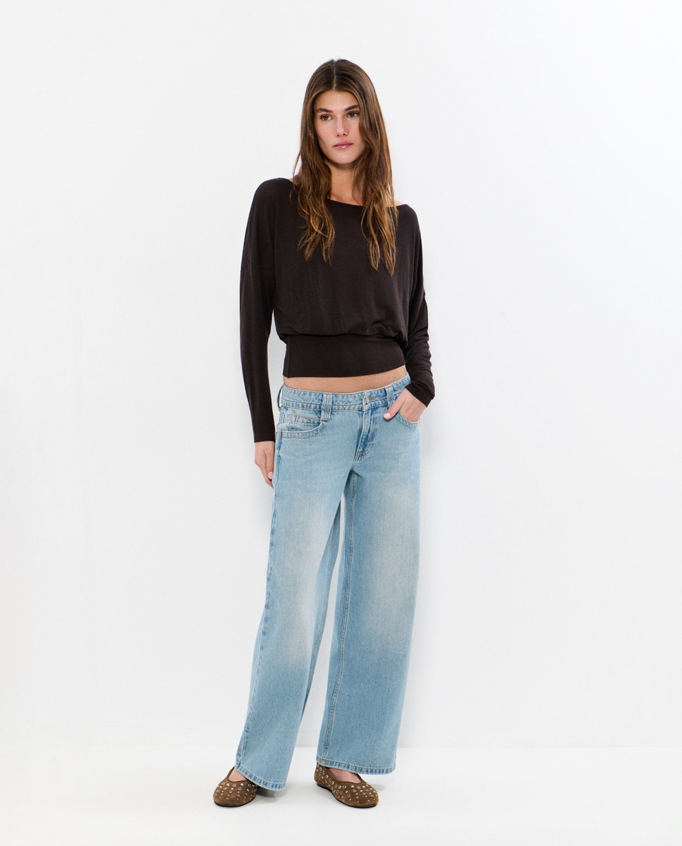 Jeans Largo com Cintura Larga Azul-claro-1