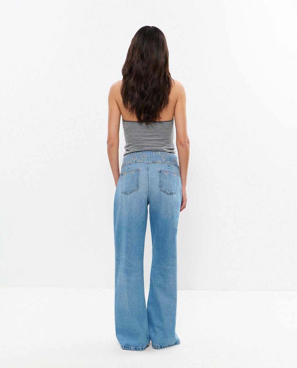 Jeans com Corte a Direito e Cintura Larga Azul-2