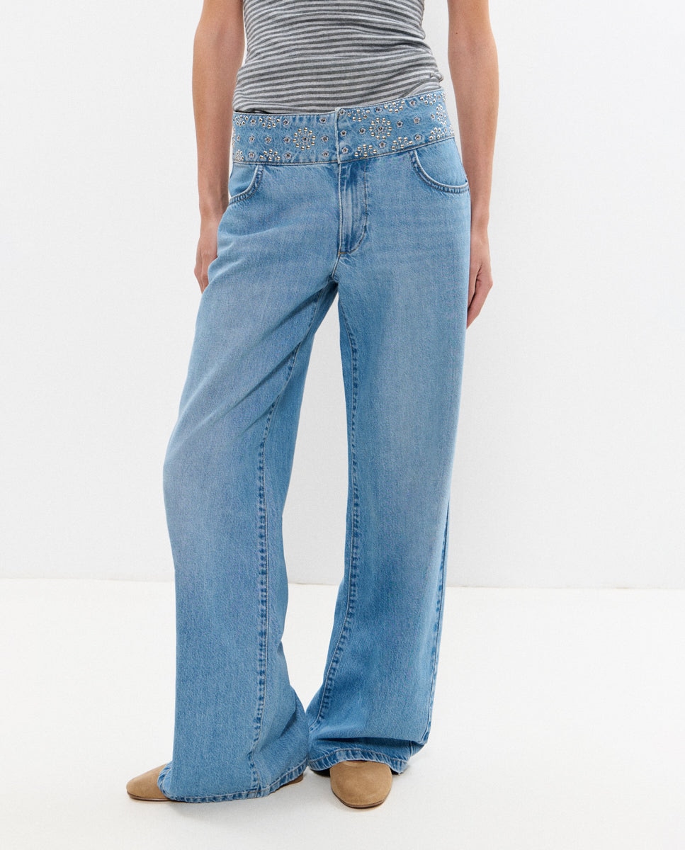 Jeans com Corte a Direito e Cintura Larga Azul-3
