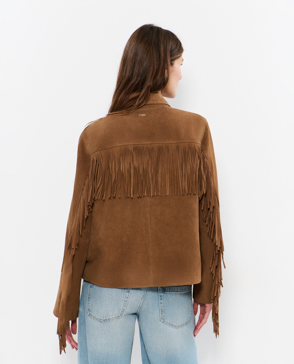 Blusão de Pele com Franjas Castanho-2