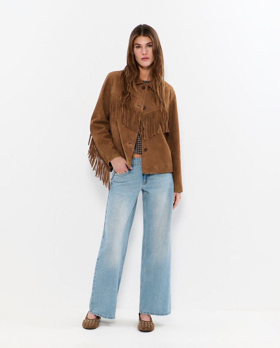 Blusão de Pele com Franjas Castanho-3