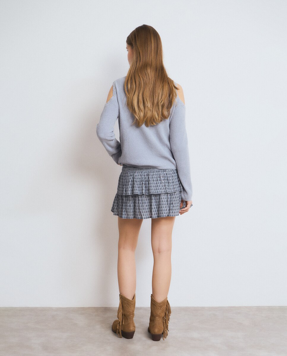 Saia Curta com Folhos e Estampado Cinzento-2