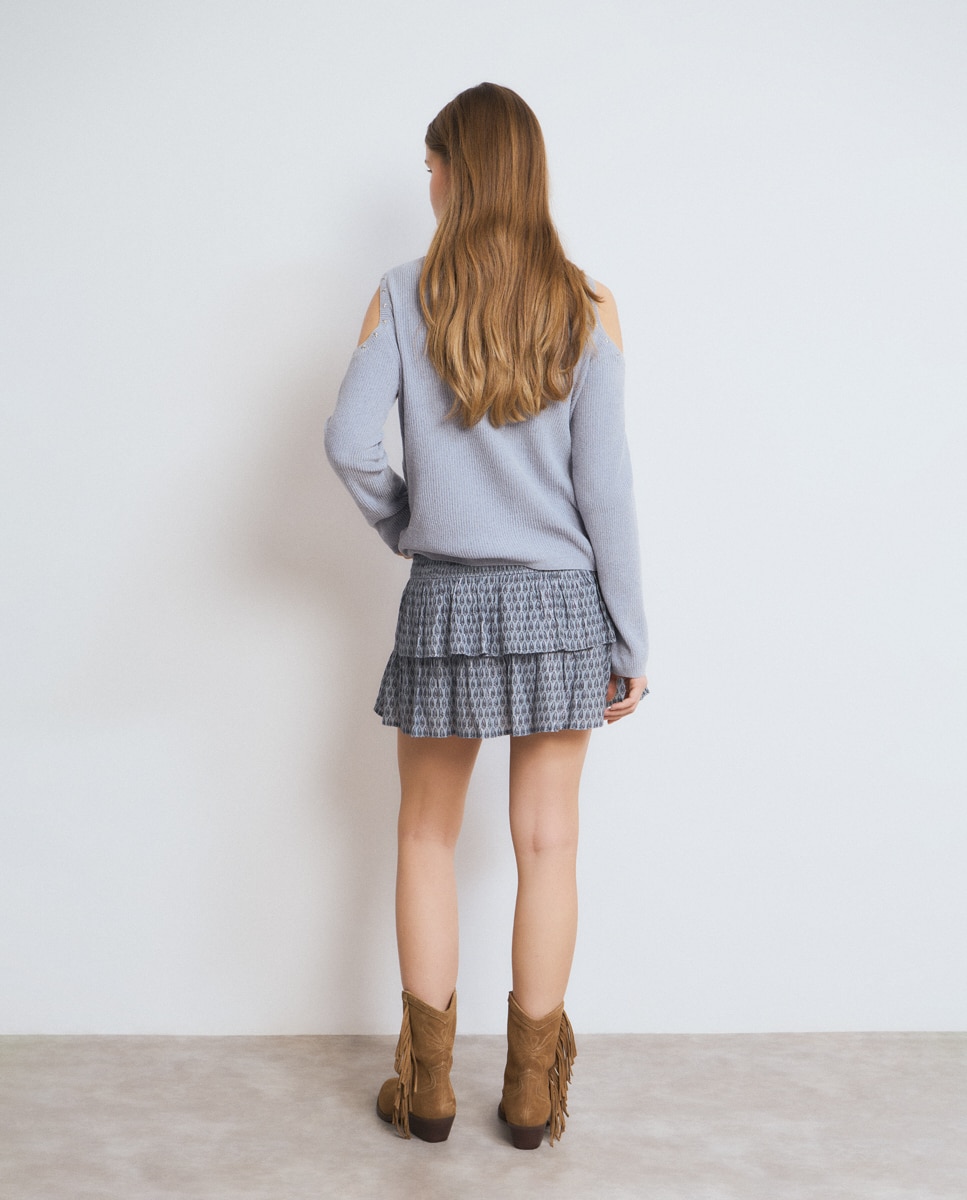 Saia Curta com Folhos e Estampado Cinzento-2