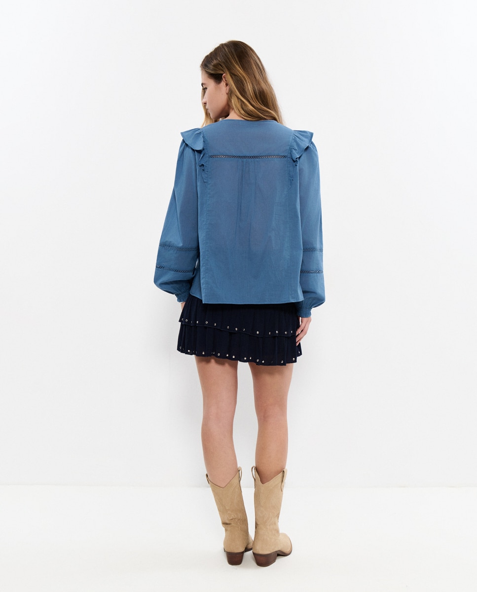 Blusa com Folhos e Bordados Azul denim-2