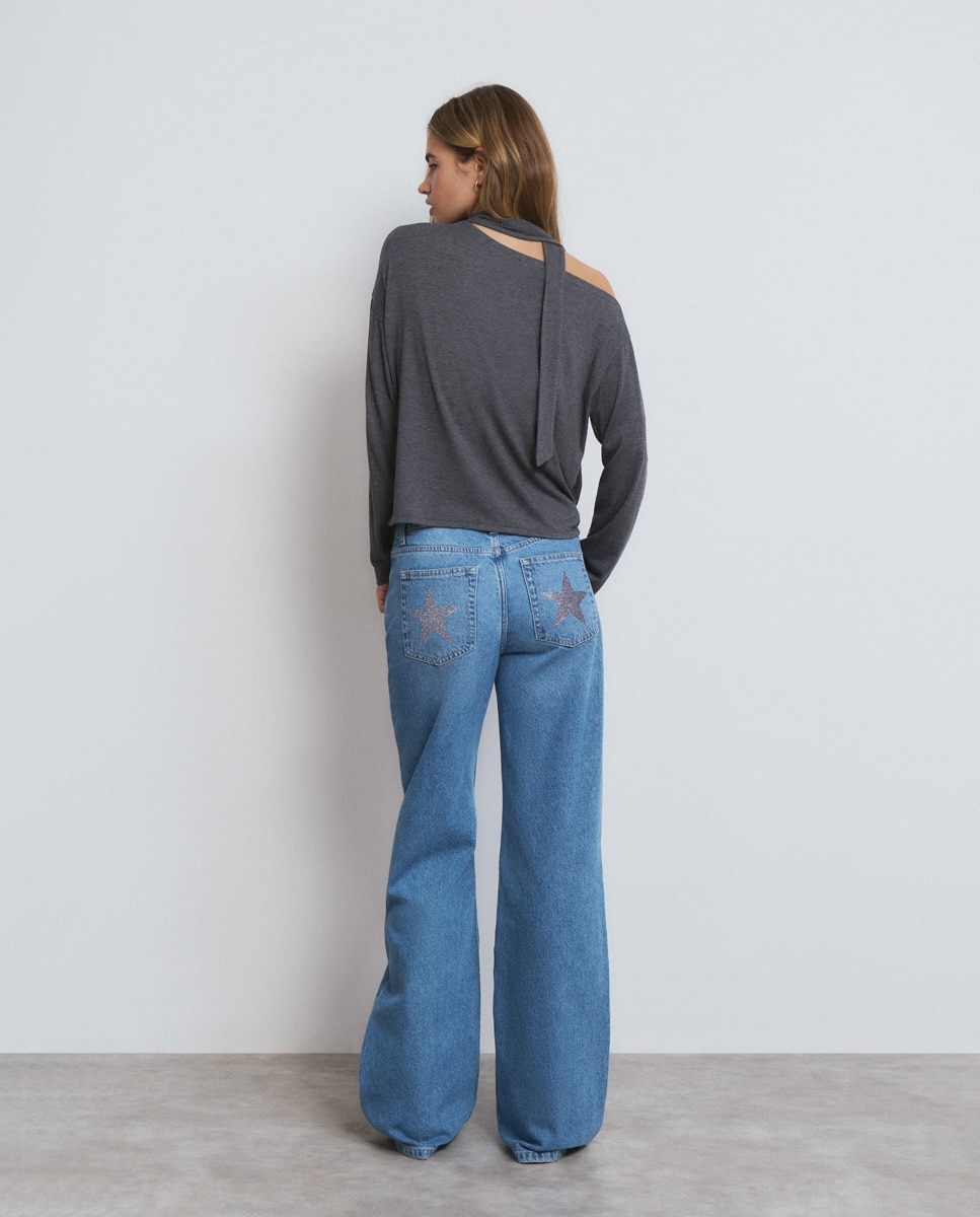 T-shirt Assimétrica com Cachecol Cinzento-2