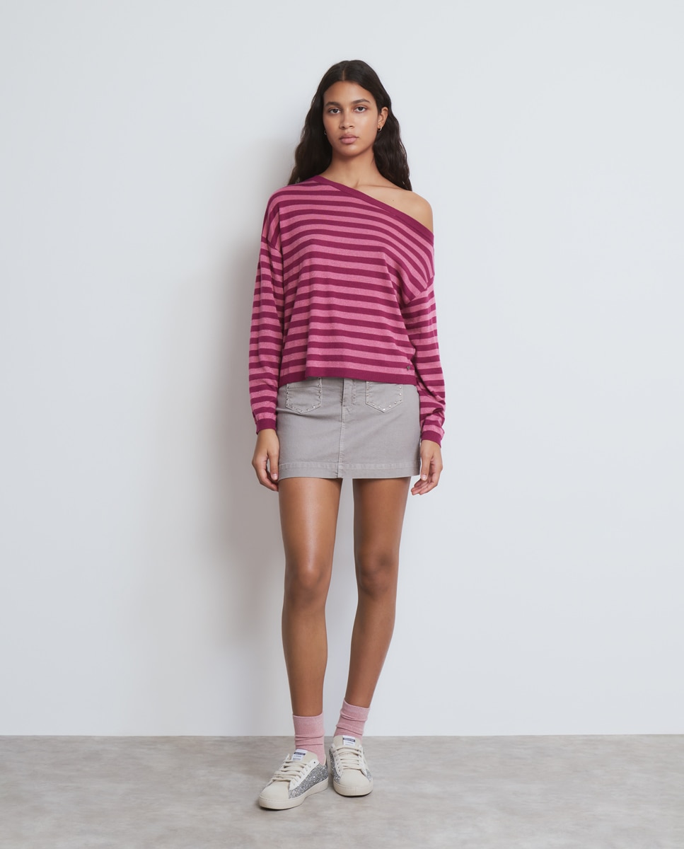 Camisola Assimétrica Às Riscas Vermelho-cereja-3