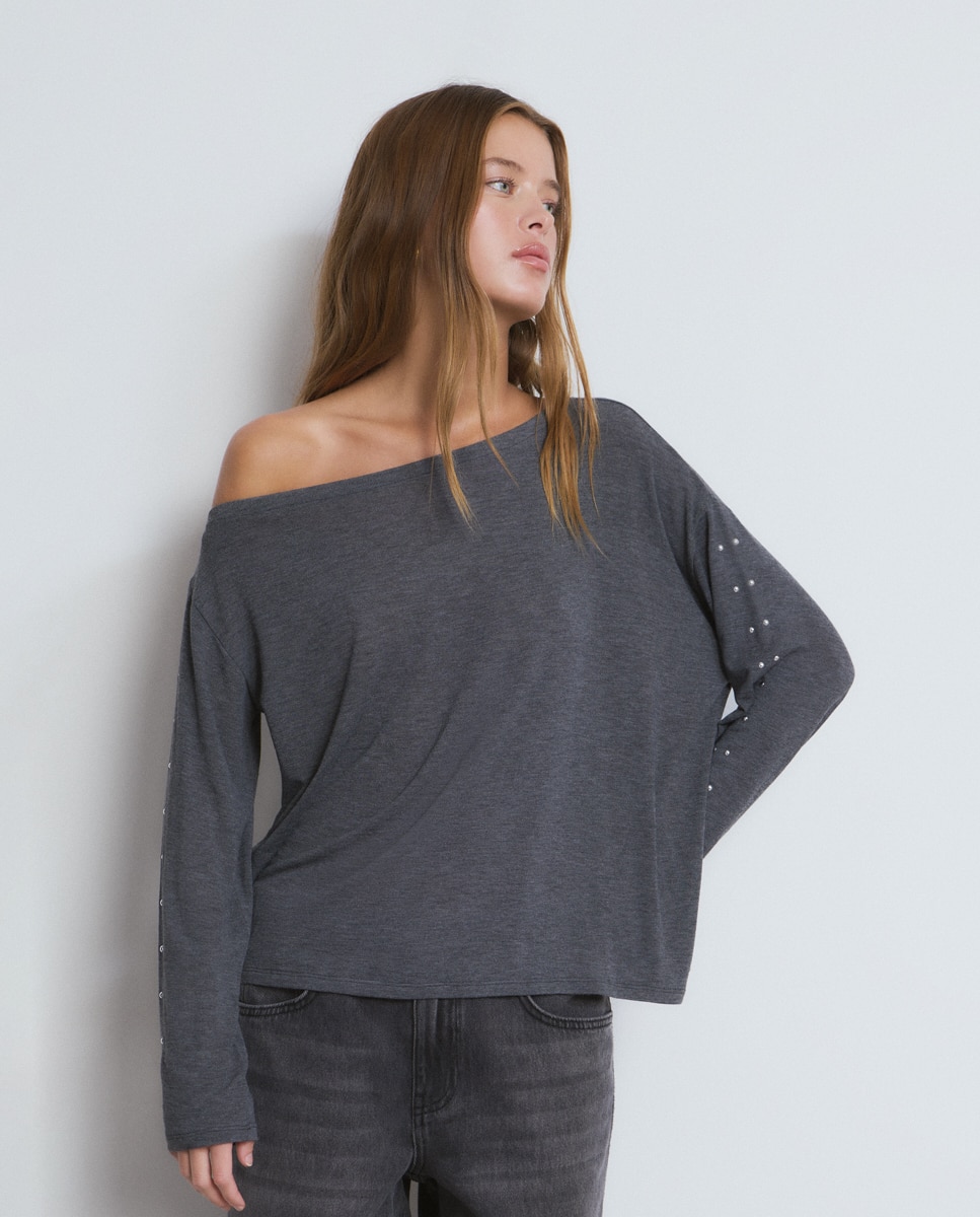 T-shirt Assimétrica com Tachas Cinzento-escuro-1