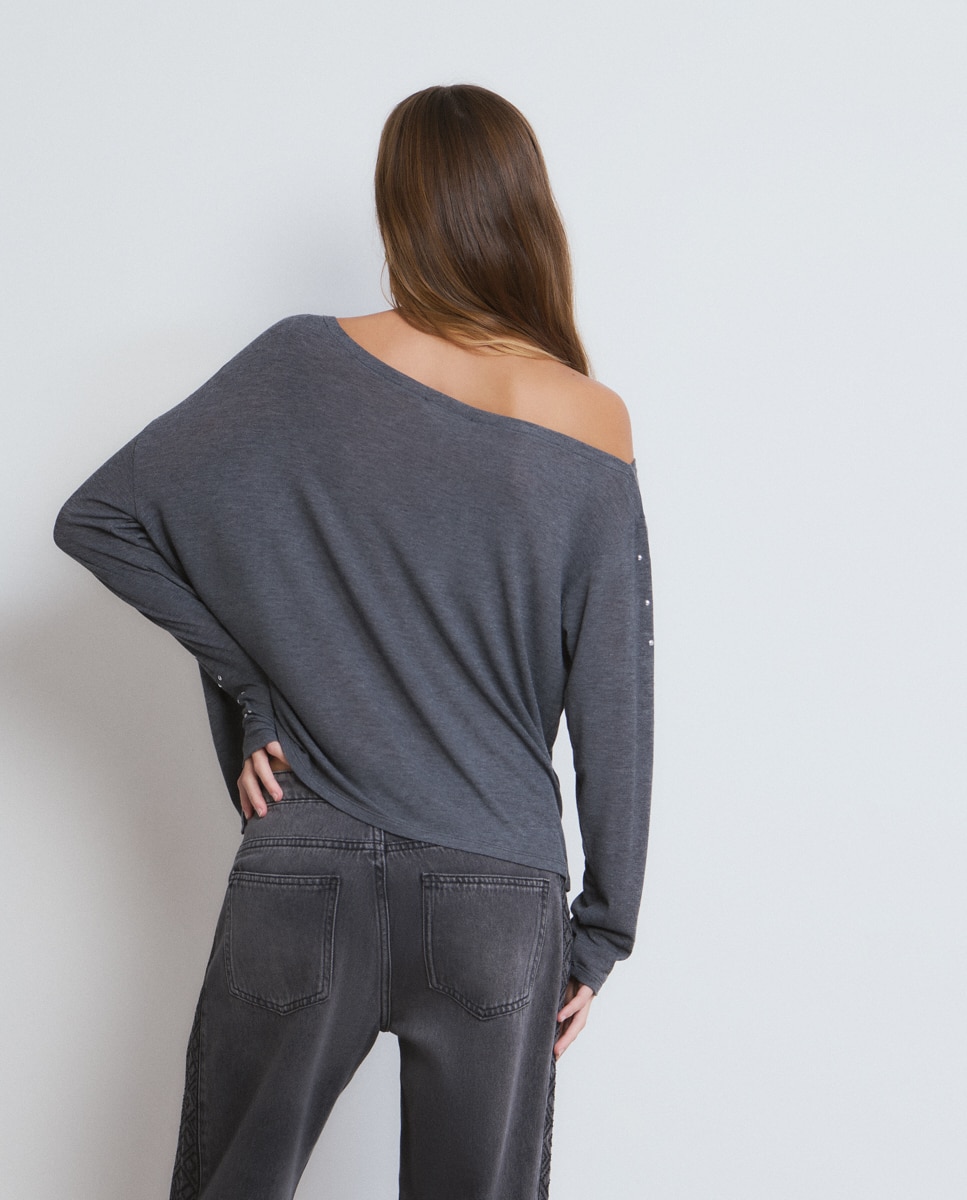 T-shirt Assimétrica com Tachas Cinzento-escuro-2