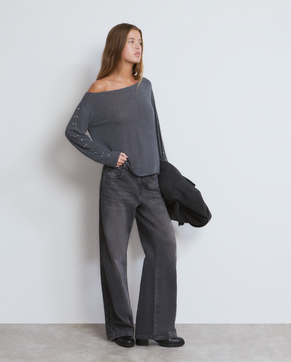 T-shirt Assimétrica com Tachas Cinzento-escuro-3