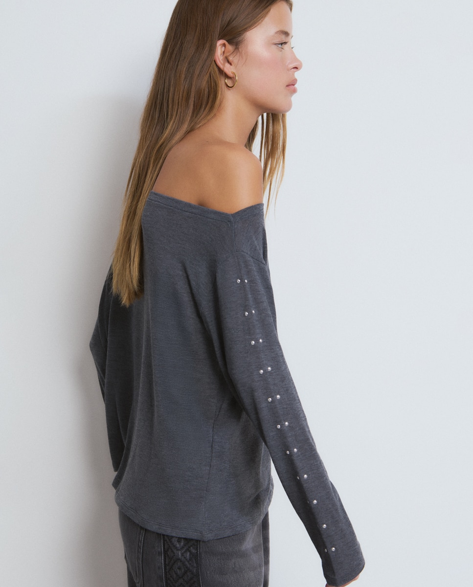 T-shirt Assimétrica com Tachas Cinzento-escuro-4