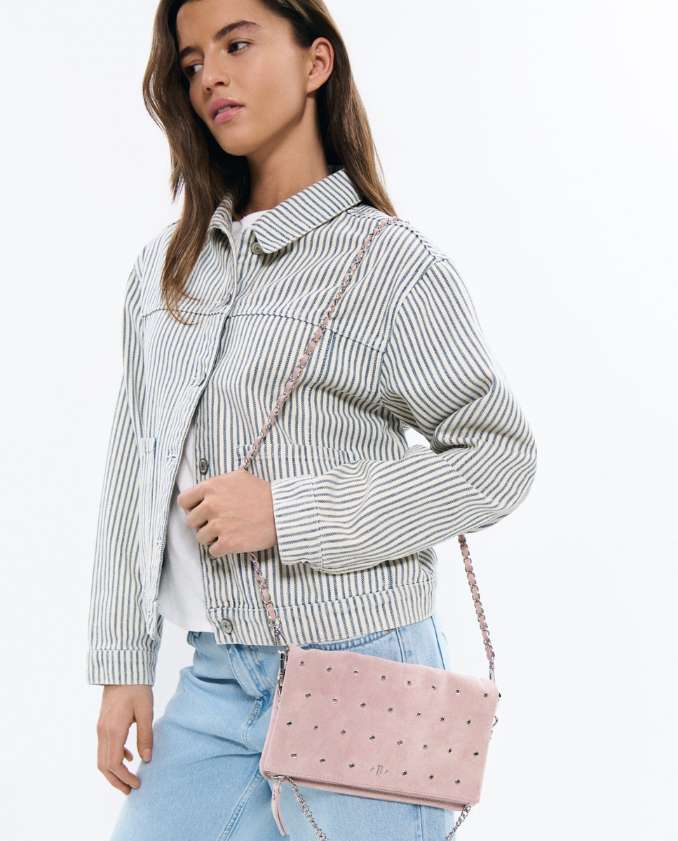 Mala de Couro com Aba e Eyelets Rosa-claro-2