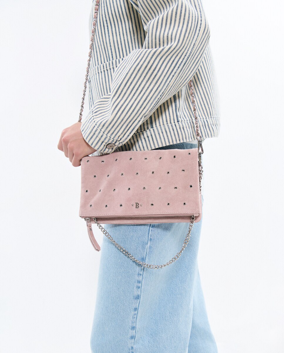 Mala de Couro com Aba e Eyelets Rosa-claro-3
