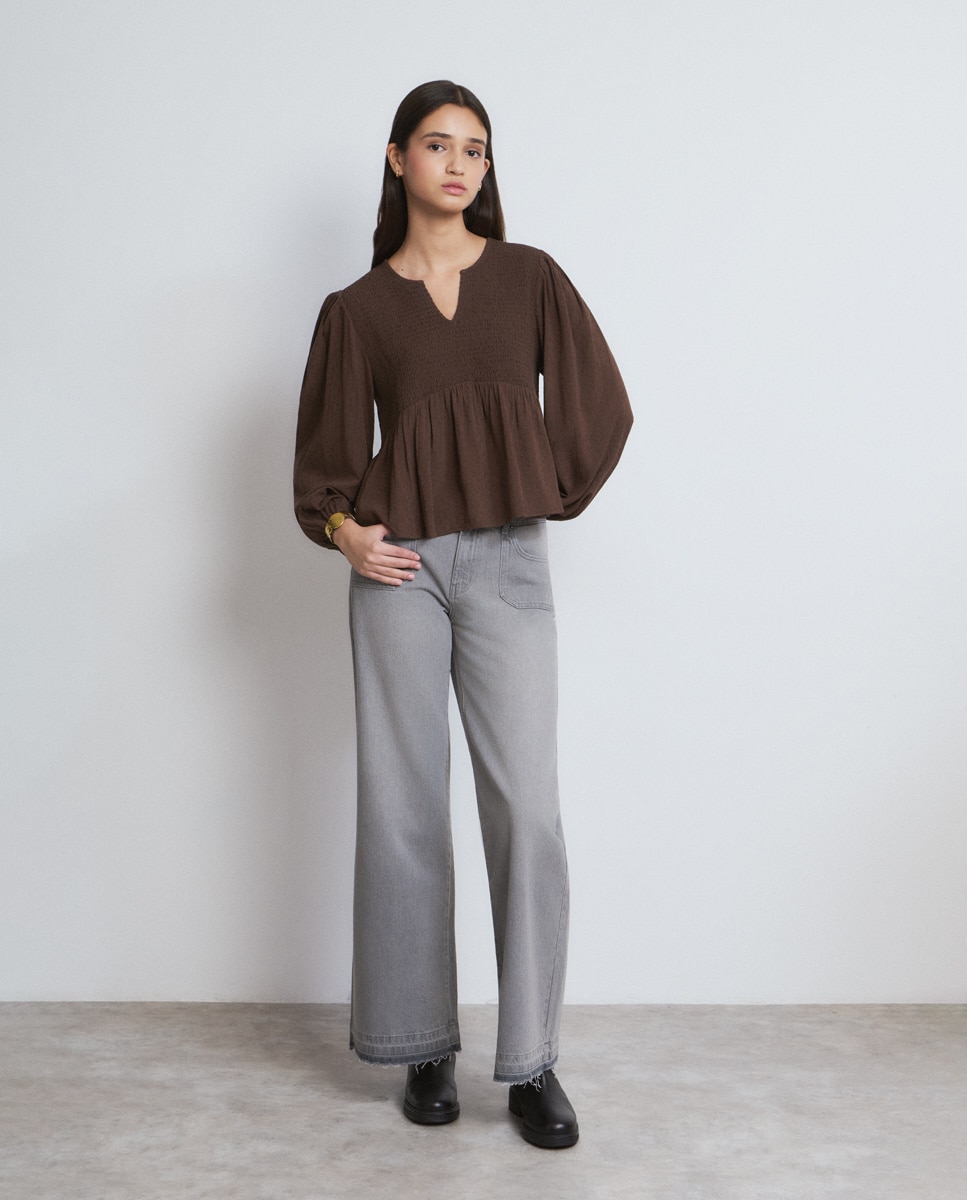 Blusa com Smock Castanho-escuro-3