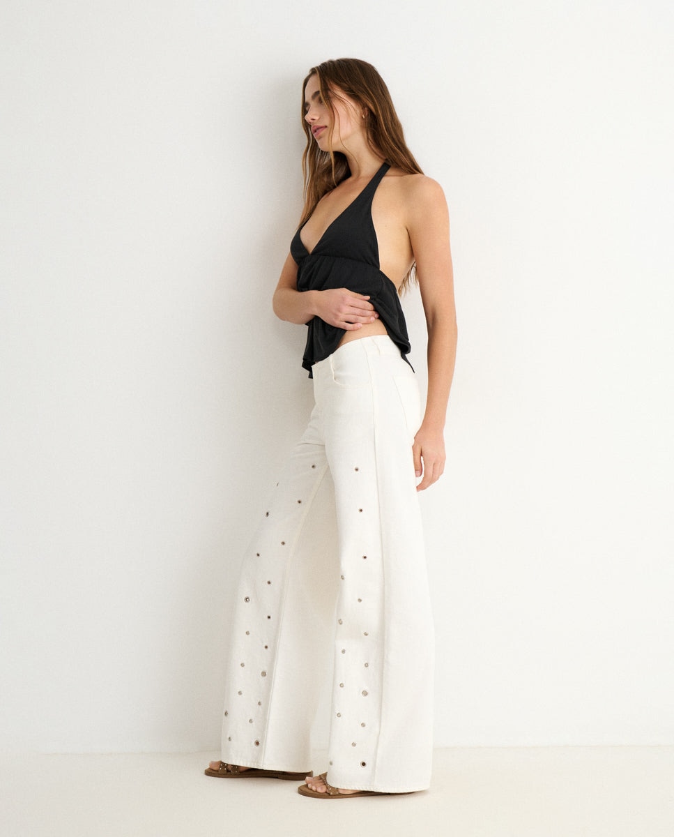 Jeans com Corte a Direito com Eyelets Branco-3