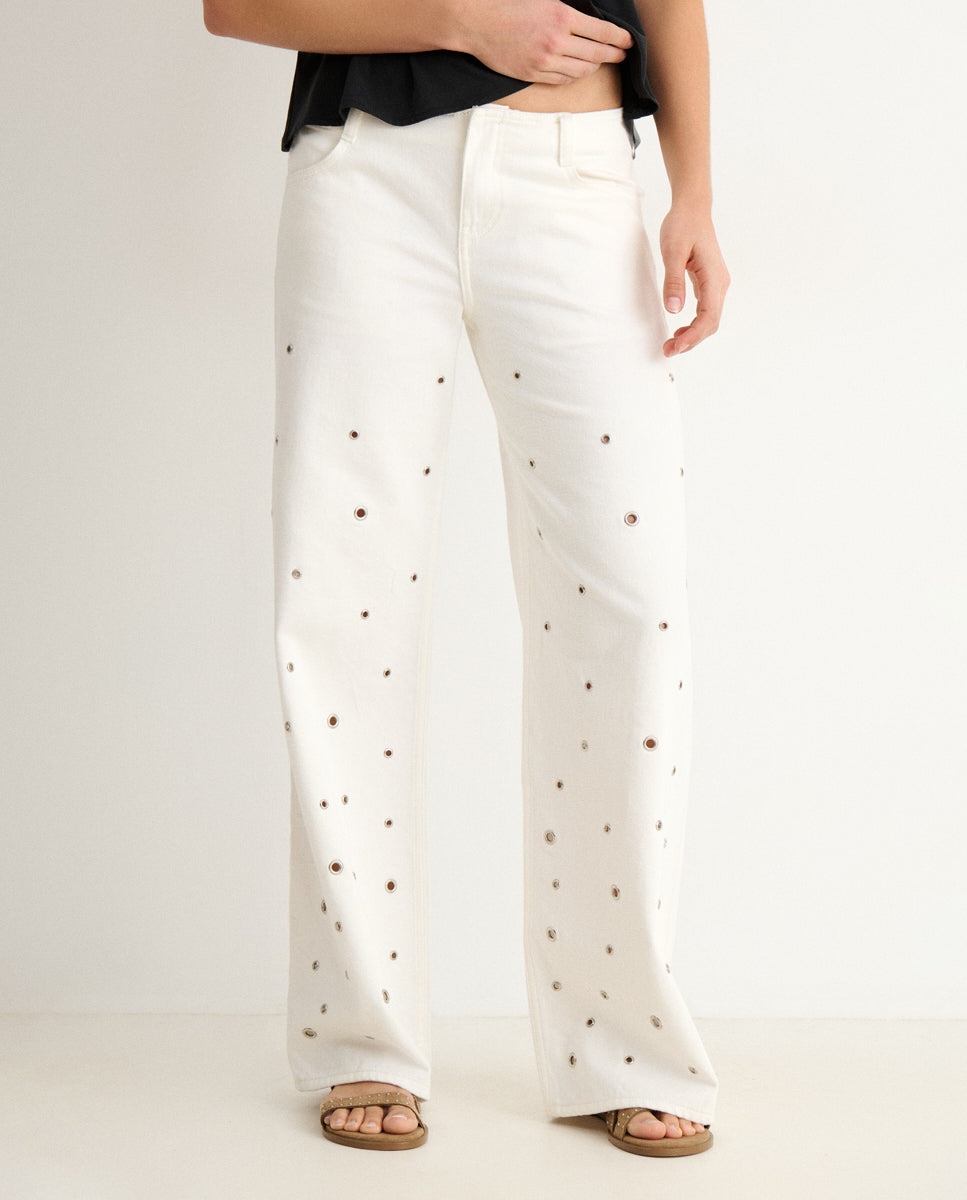 Jeans com Corte a Direito com Eyelets Branco-4