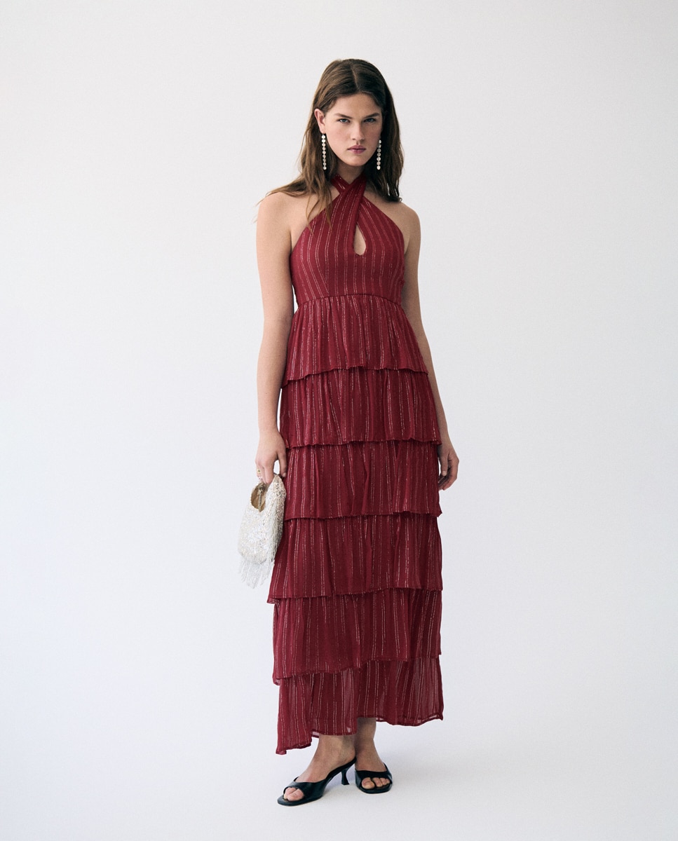 Vestido Comprido Multivolantes Telha-1