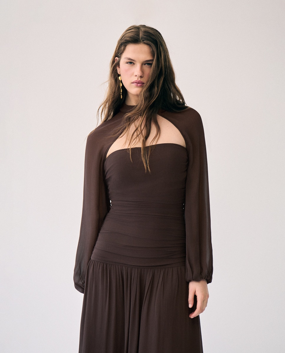 Vestido Comprido com Franzido Castanho-3