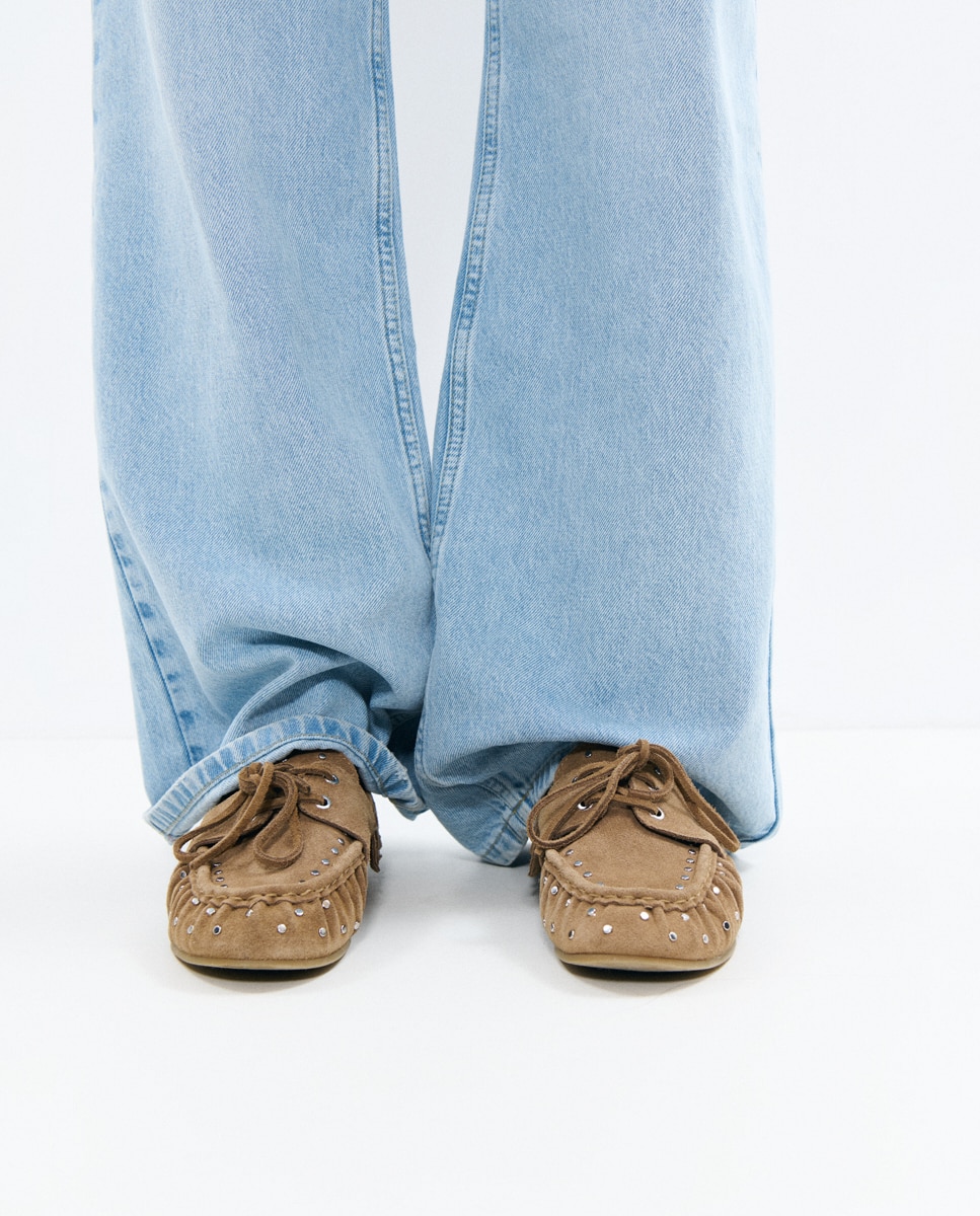 Mocassins de Pele com Franjas e Tachas Castanho-claro-3