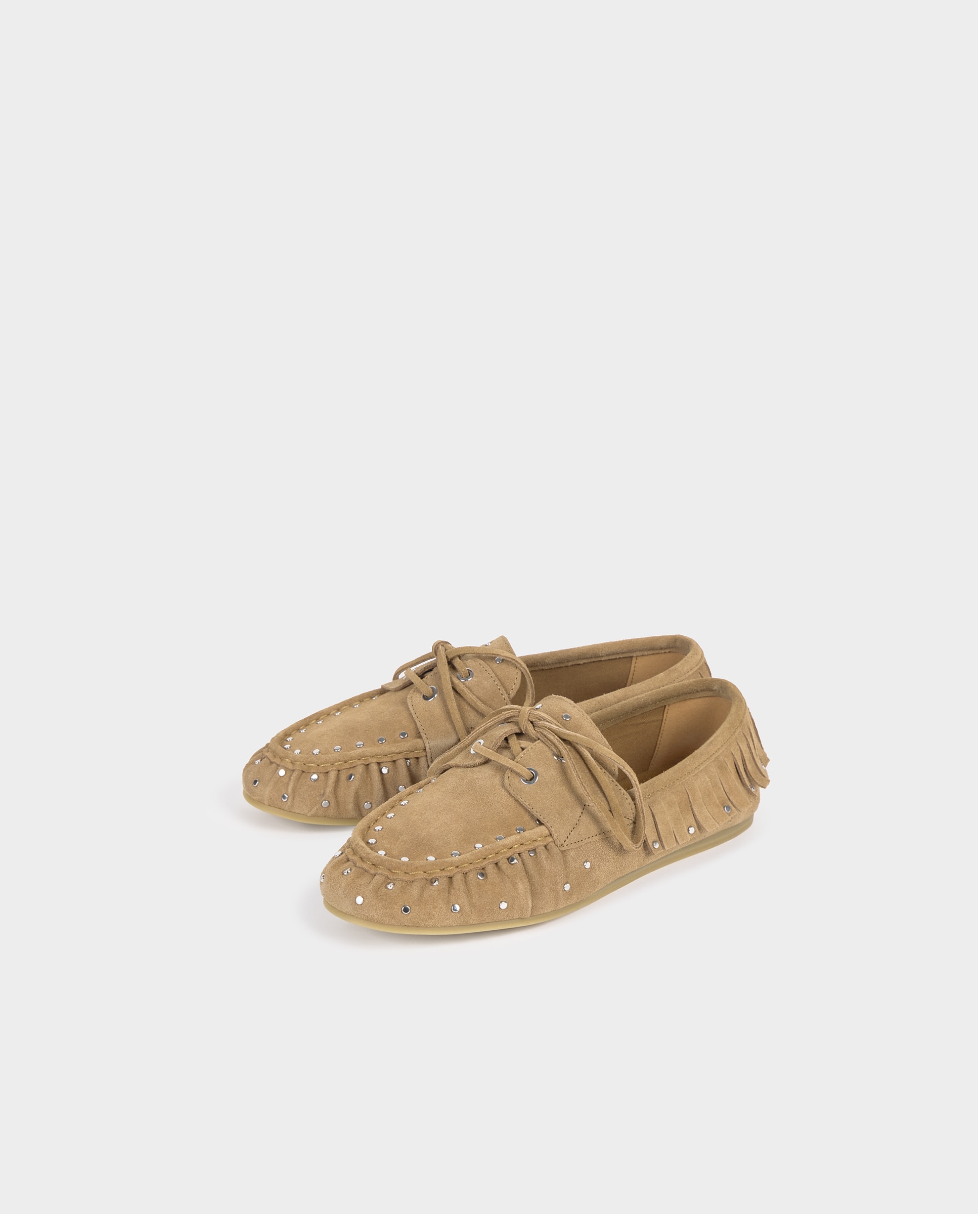 Mocassins de Pele com Franjas e Tachas Castanho-claro-5