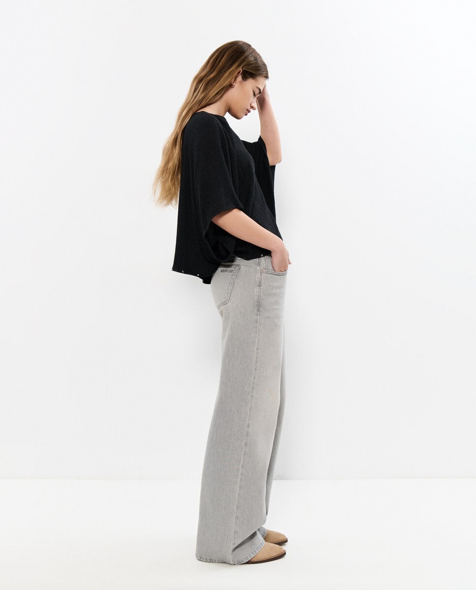 Jeans com Corte a Direito e Bolsos Cinzento-claro-3