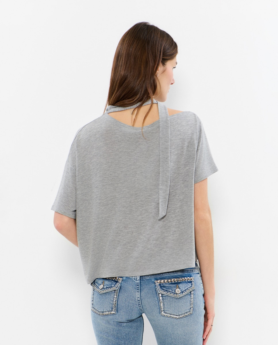 T-shirt Assimétrica com Cachecol Cinzento-2