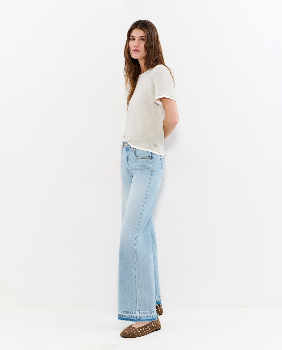 Jeans com Corte a Direito com Tachas Azul-claro-3