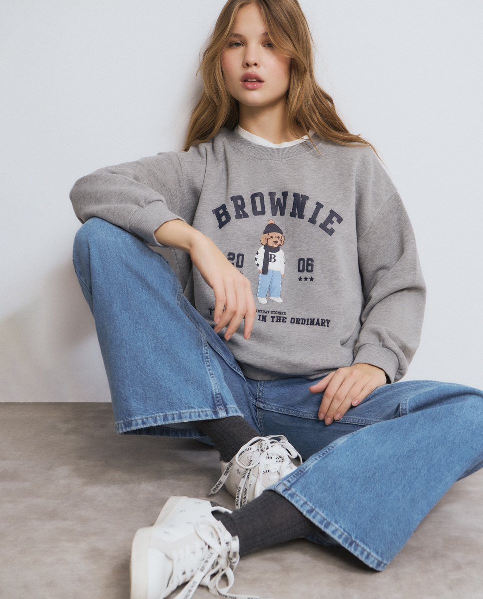 Sweatshirt com Logo e Cachorro Cinzento-1