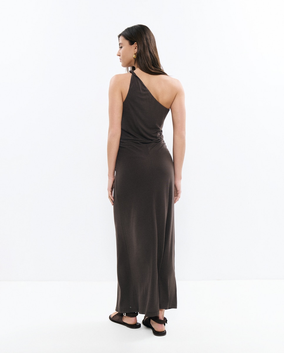Vestido Comprido Assimétrico com Alça Castanho-escuro-2