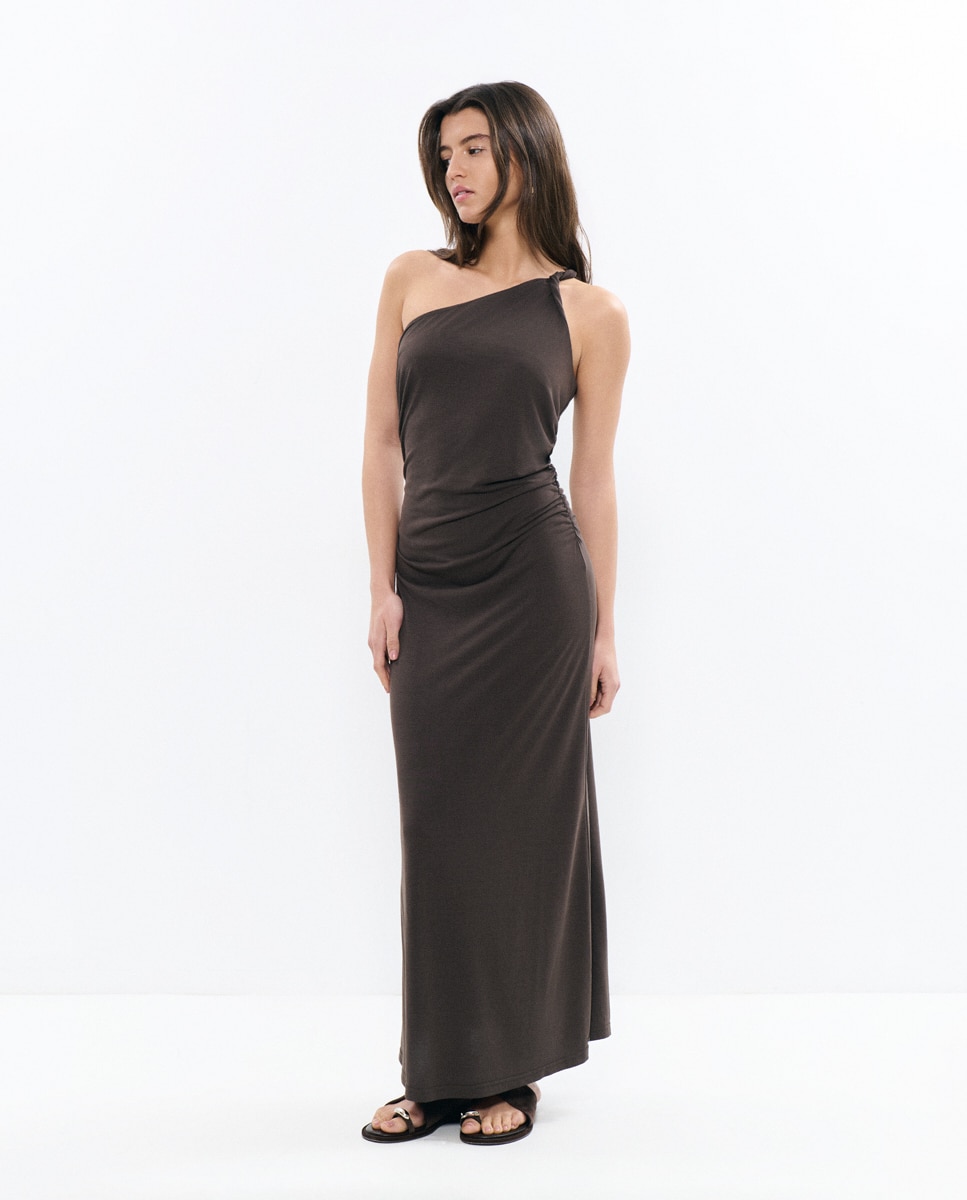 Vestido Comprido Assimétrico com Alça Castanho-escuro-3
