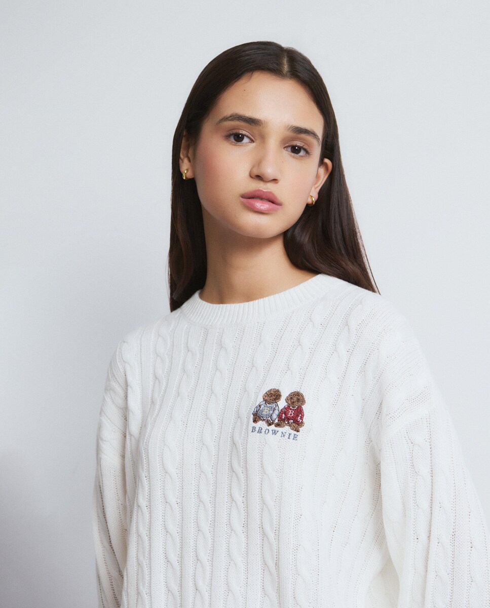 Camisola de Malha de Tranças com Cães Cru-4