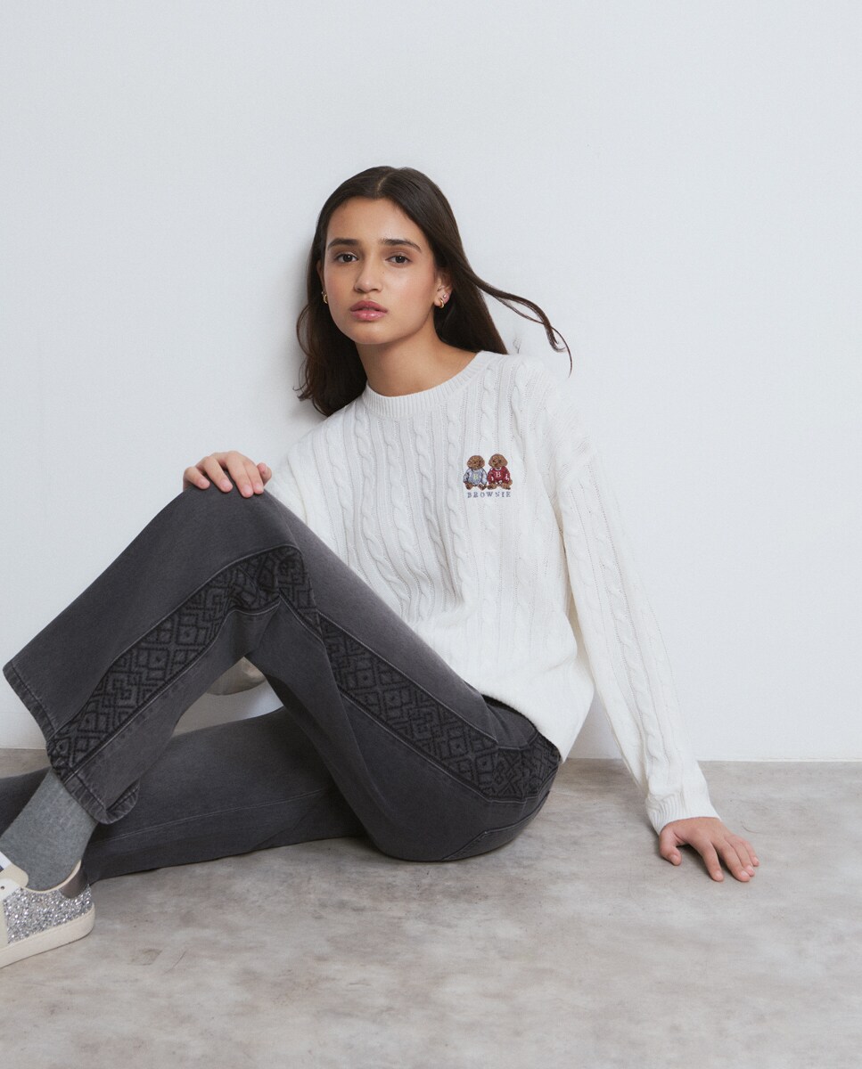 Camisola de Malha de Tranças com Cães Cru-1