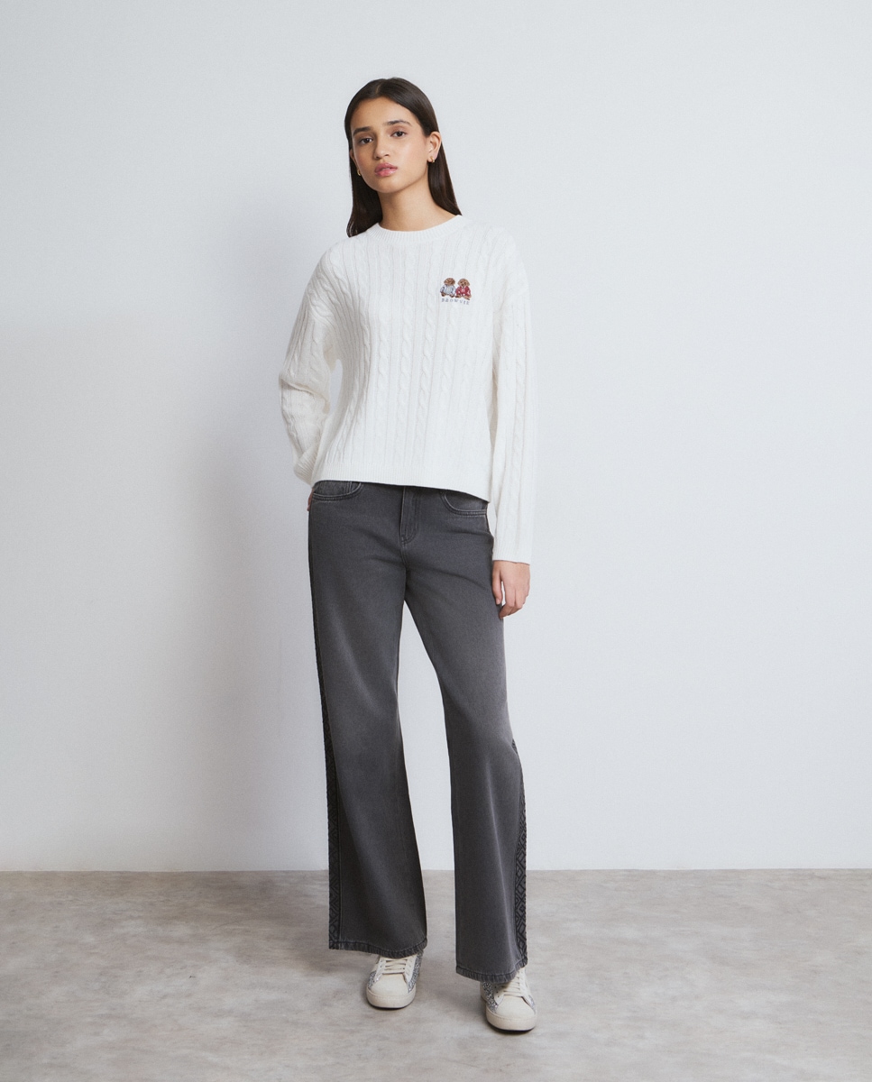 Camisola de Malha de Tranças com Cães Cru-3