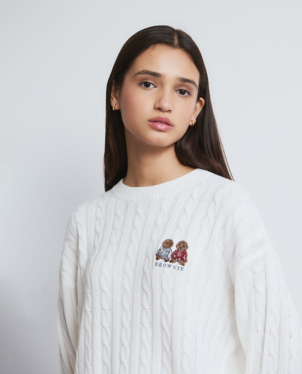 Camisola de Malha de Tranças com Cães Cru-4