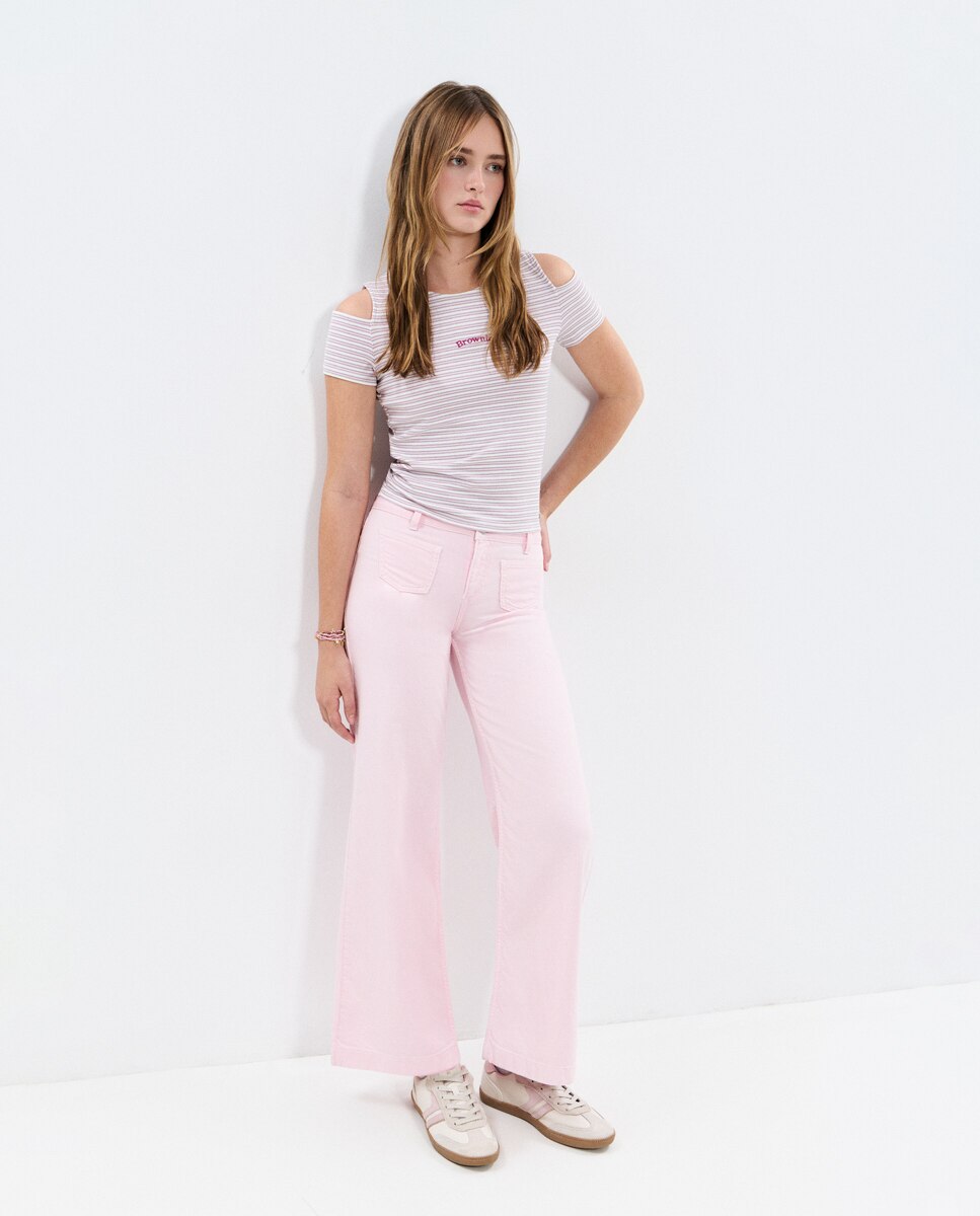 T-shirt Às Riscas com Ombros Descobertos Branco / Rosa-3