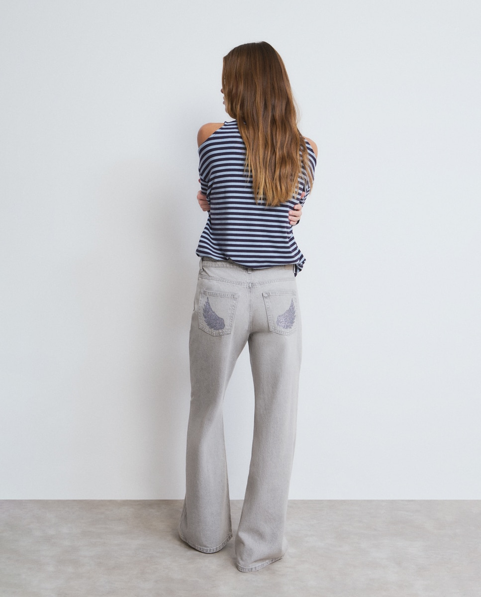 Jeans com Corte a Direito com Asas Glitter Cinzento-2